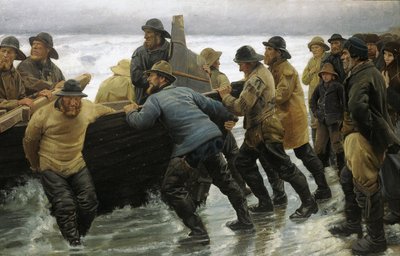 Fischer setzen ein Ruderboot ins Wasser von Michael Peter Ancher